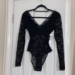 Sexy sheer black lace bodysuit